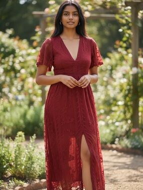 gimmicks by BKE Wine-Red Lace V-Neck Maxi Dress